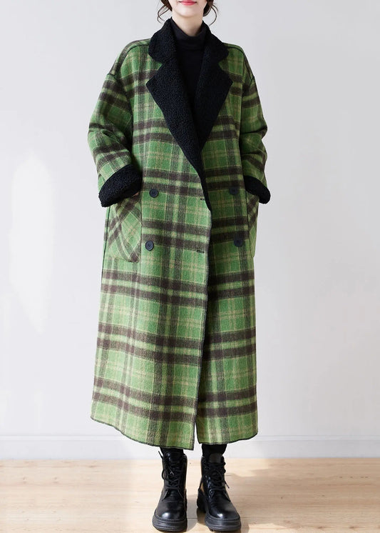 French Green Plaid Notched Wear On Both Sides Warm Fleece Faux Fur Trench Coats Long Sleeve Ada Fashion
