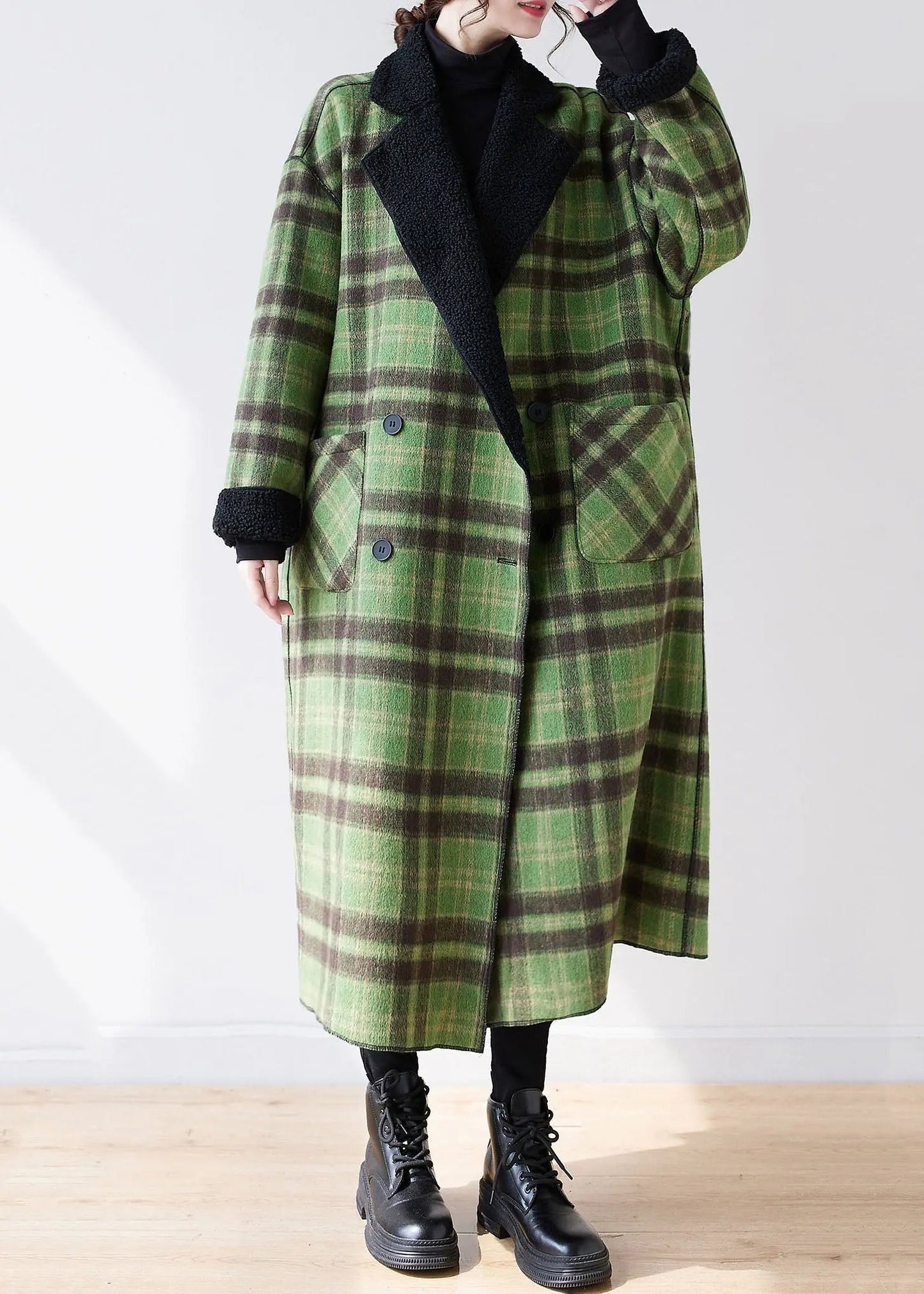 French Green Plaid Notched Wear On Both Sides Warm Fleece Faux Fur Trench Coats Long Sleeve Ada Fashion