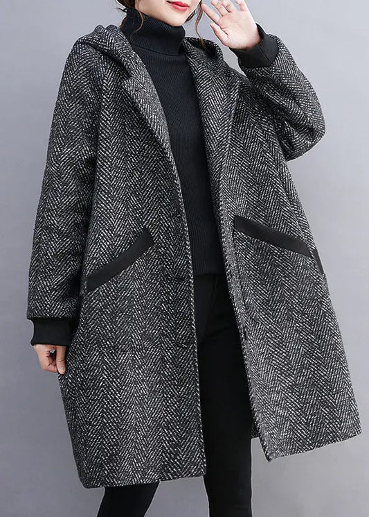 French Grey Hooded Button Pockets Thick Woolen Coats Winter Ada Fashion