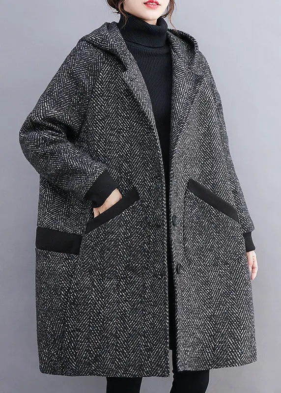 French Grey Hooded Button Pockets Thick Woolen Coats Winter Ada Fashion