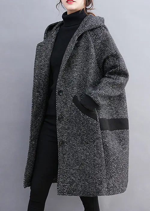 French Grey Hooded Button Pockets Thick Woolen Coats Winter Ada Fashion