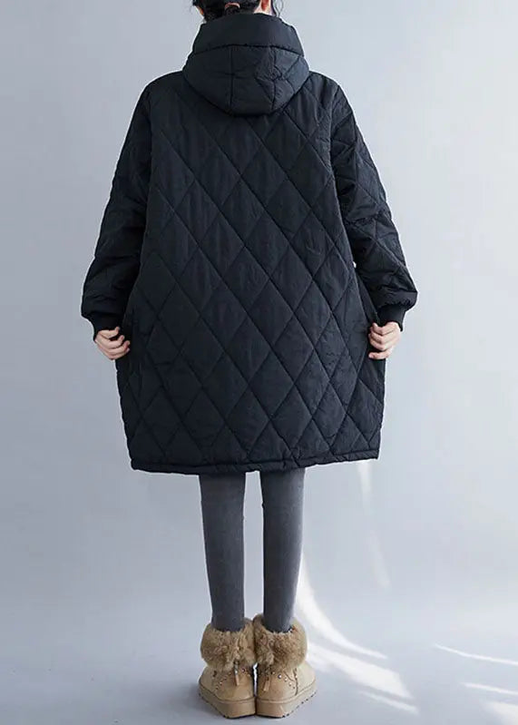 Handmade Black Plaid Patchwork Hooded Parka Coats Long Sleeve Ada Fashion