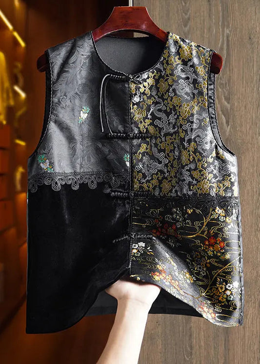 Jacquard Black Embroidered Button Patchwork Silk Velour Waistcoat Fall Ada Fashion