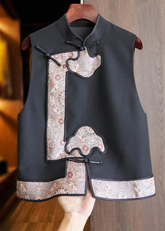 Jacquard Black Stand Collar Button Patchwork Woolen Waistcoat Fall Ada Fashion