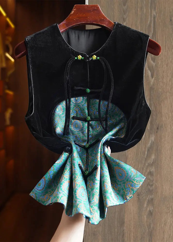 Jacquard Green O Neck Button Patchwork Silk Velour Waistcoat Sleeveless Ada Fashion