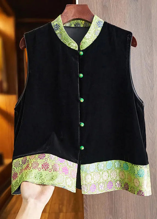 Jacquard Green Stand Collar Button Silk Velour Shirt Waistcoat Sleeveless Ada Fashion