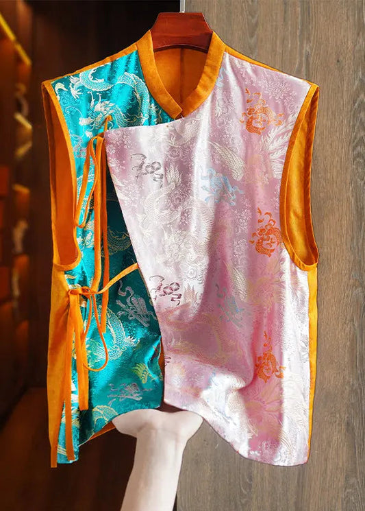 Jacquard Orange Asymmetrical Lace Up Patchwork Silk Waistcoat Sleeveless Ada Fashion