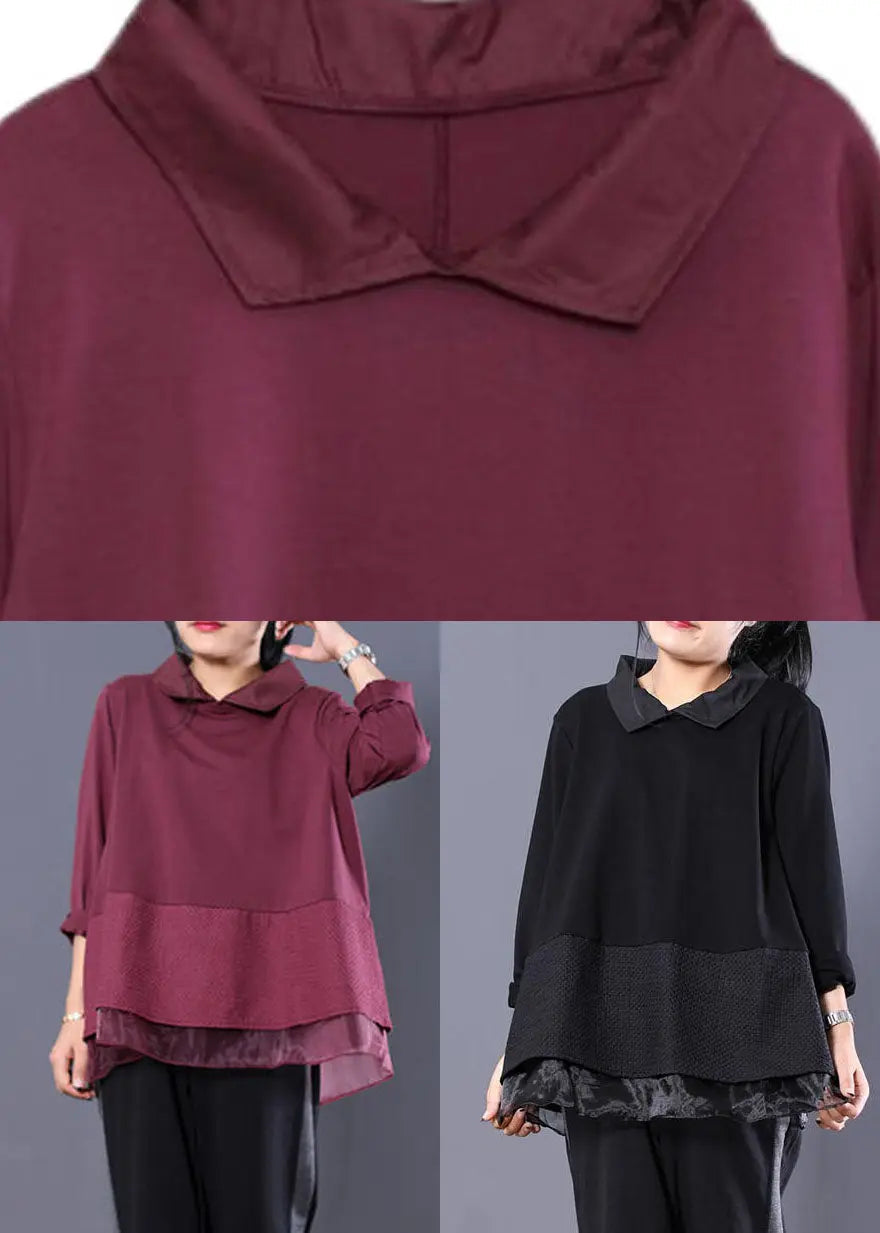 Loose Black Peter Pan Collar Fake Two Pieces Sweatshirt Long Sleeve Ada Fashion