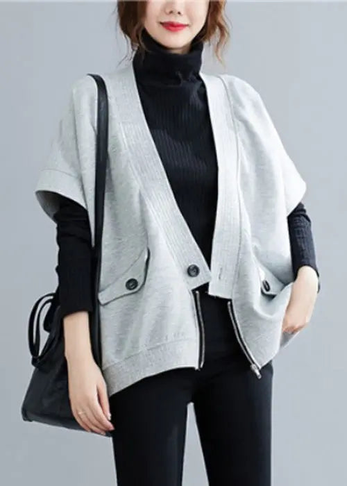 Loose Grey Zippered Button Patchwork Cotton Waistcoat Fall Ada Fashion