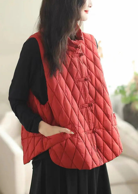 Loose Red Side Open Button Cotton Filled Waistcoat Sleeveless Ada Fashion
