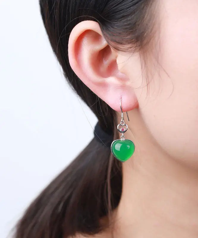 Modern Green Sterling Silver Inlaid Love Chalcedony Drop Earrings Ada Fashion