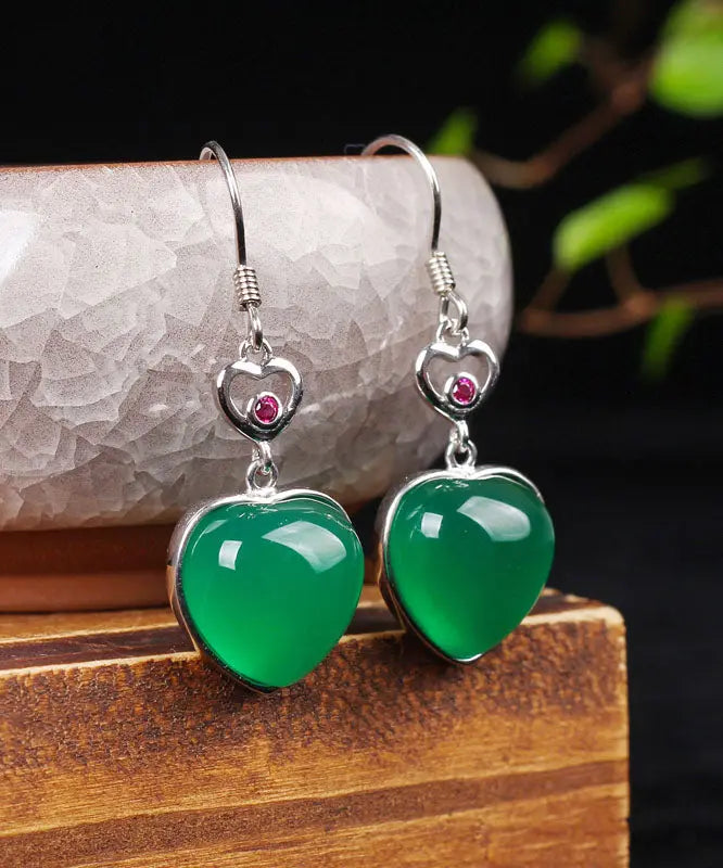 Modern Green Sterling Silver Inlaid Love Chalcedony Drop Earrings Ada Fashion