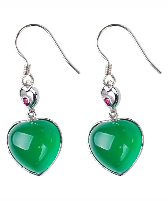 Modern Green Sterling Silver Inlaid Love Chalcedony Drop Earrings Ada Fashion