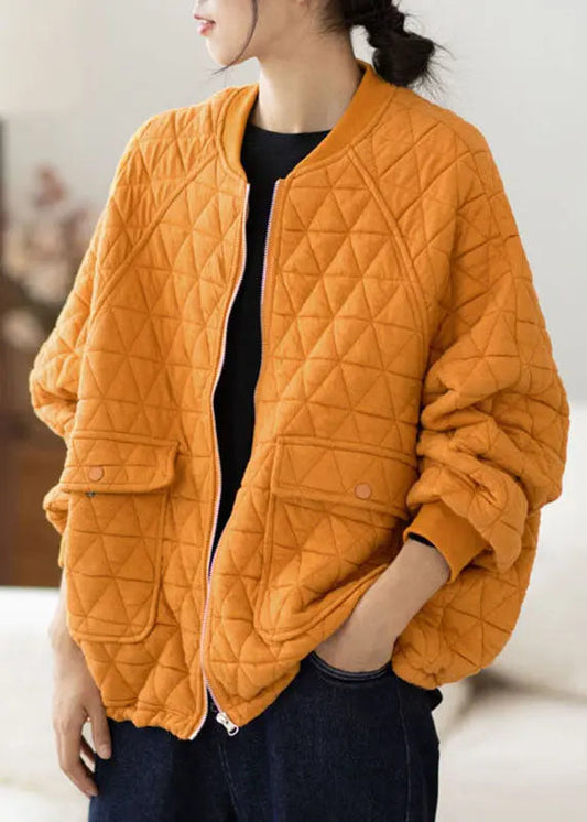 Modern Yellow O-Neck Pockets Plaid Patchwork Fleece Coat Fall Ada Fashion