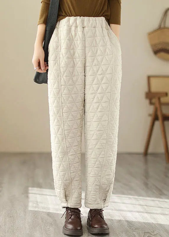 Natural Beige Elastic Waist Fleece Pants Winter Ada Fashion