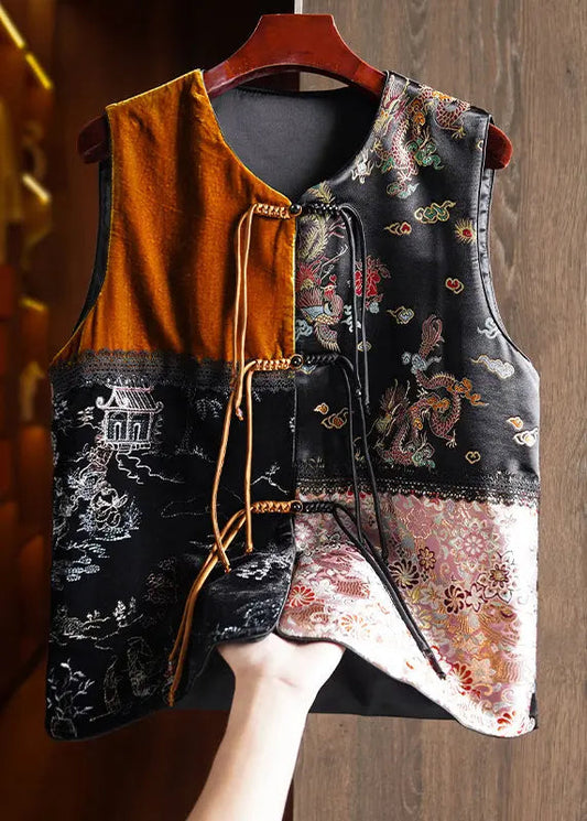 New Black Chinese Button Embroidered Patchwork Silk Velour Waistcoat Fall Ada Fashion