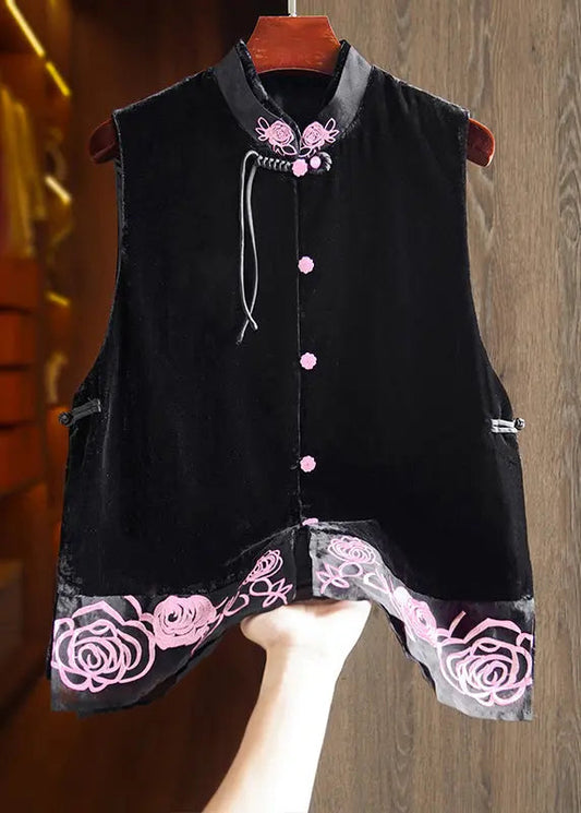 New Black Stand Collar Embroidered Button Silk Velour Waistcoat Sleeveless Ada Fashion