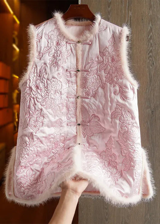 New Pink Embroidered Button Mink Hair Patchwork Waistcoat Winter Ada Fashion