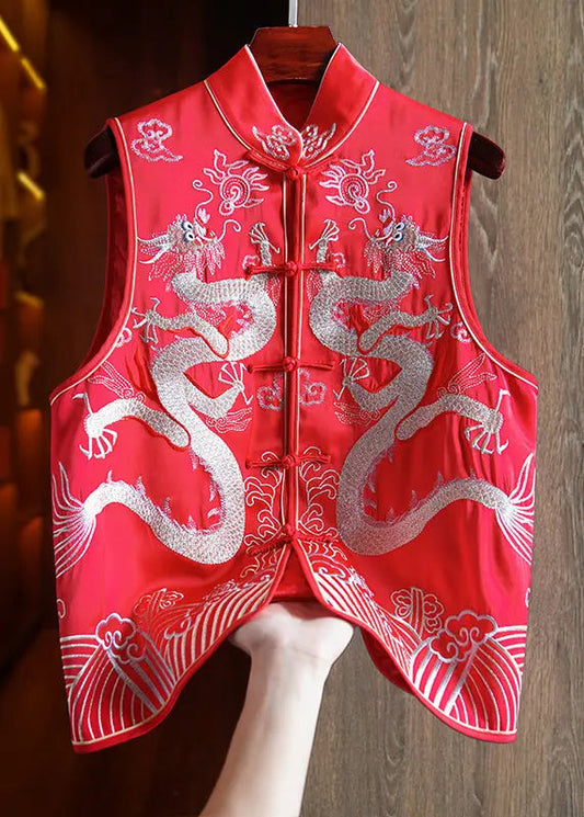 New Red Embroidered Button Patchwork Silk Beach Waistcoat Sleeveless Ada Fashion
