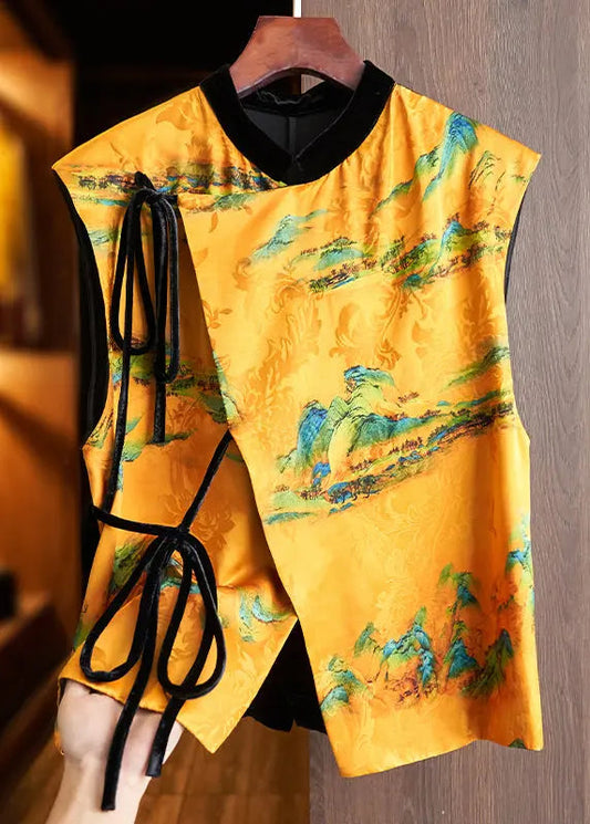 New Yellow Print Lace Up Patchwork Silk Waistcoat Sleeveless Ada Fashion