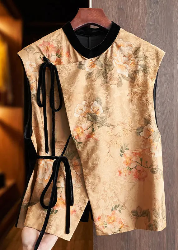 New Yellow Print Lace Up Patchwork Silk Waistcoat Sleeveless Ada Fashion