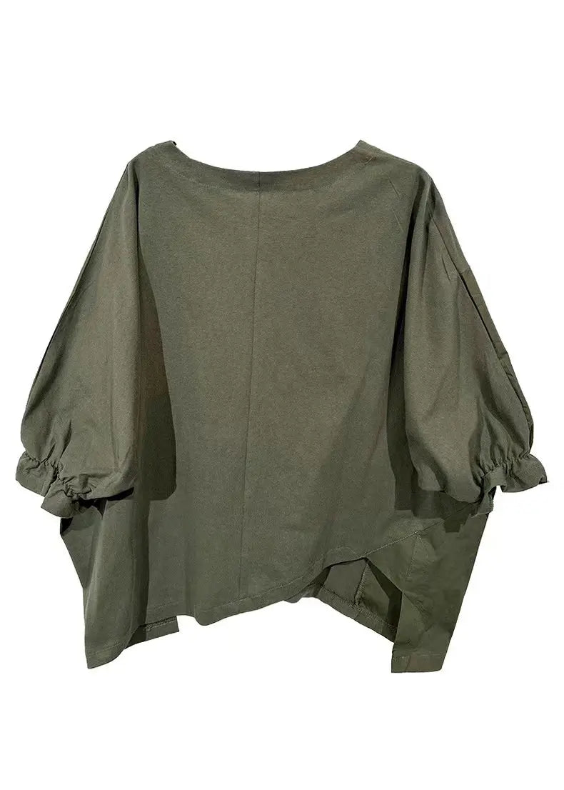 Plus Size Army Green Asymmetrical Ruffled Cotton T Shirt Half Sleeve Ada Fashion