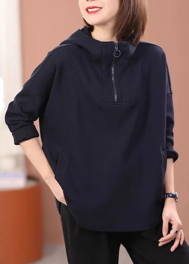 Plus Size Casual Black Hooded Cotton Pullover Sweatshirt Fall Ada Fashion