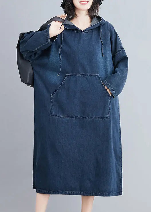 Plus Size Denim Blue Hooded Pockets Denim Long Dress Fall Ada Fashion