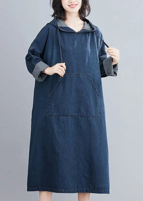 Plus Size Denim Blue Hooded Pockets Denim Long Dress Fall Ada Fashion