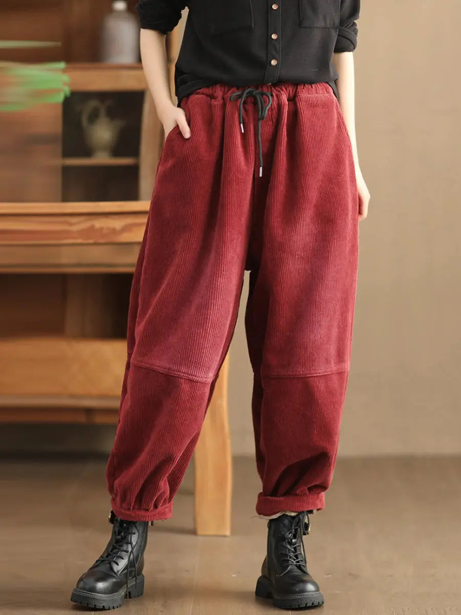 Plus Size Women Casual Solid Loose Fleece-lined Pants Ada Fashion