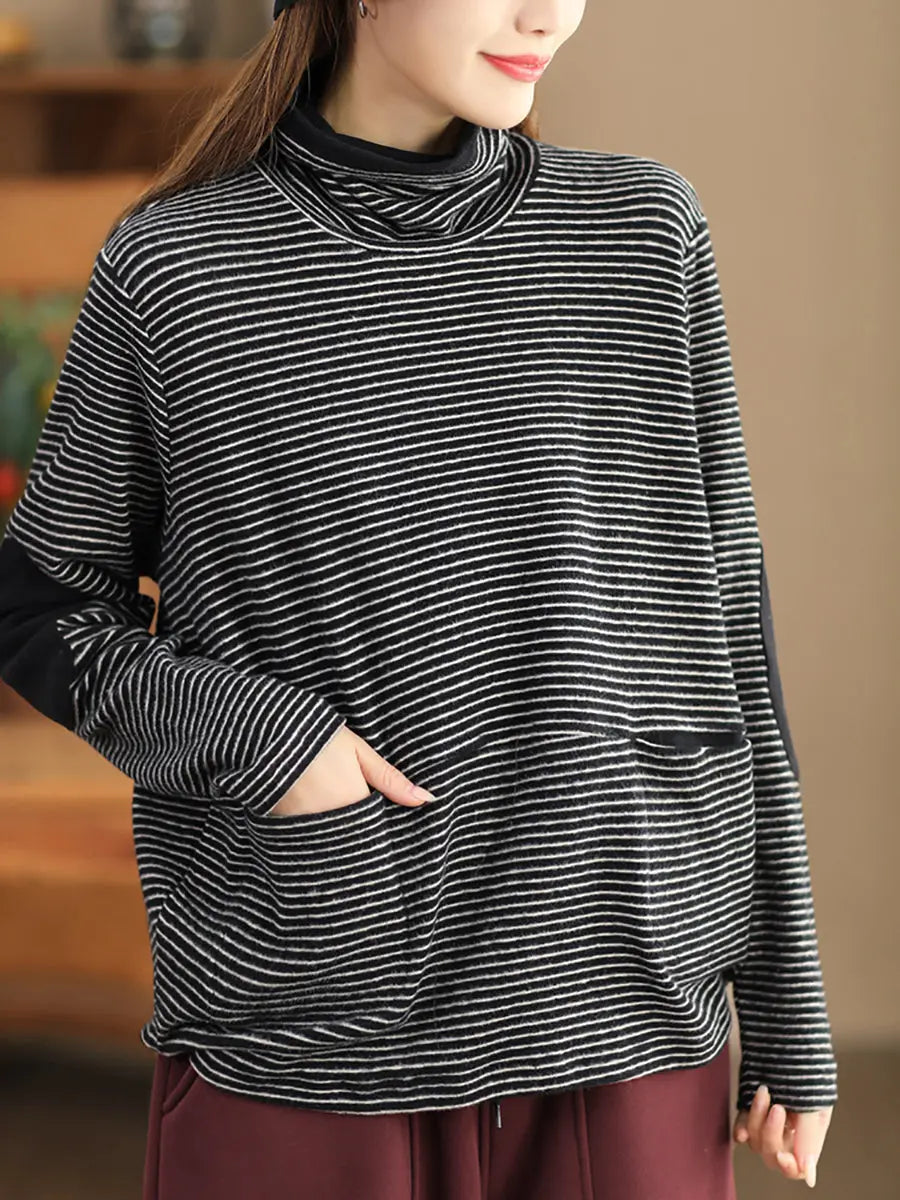 Plus Size Women Casual Stripe Turtleneck Sweatshirt Ada Fashion