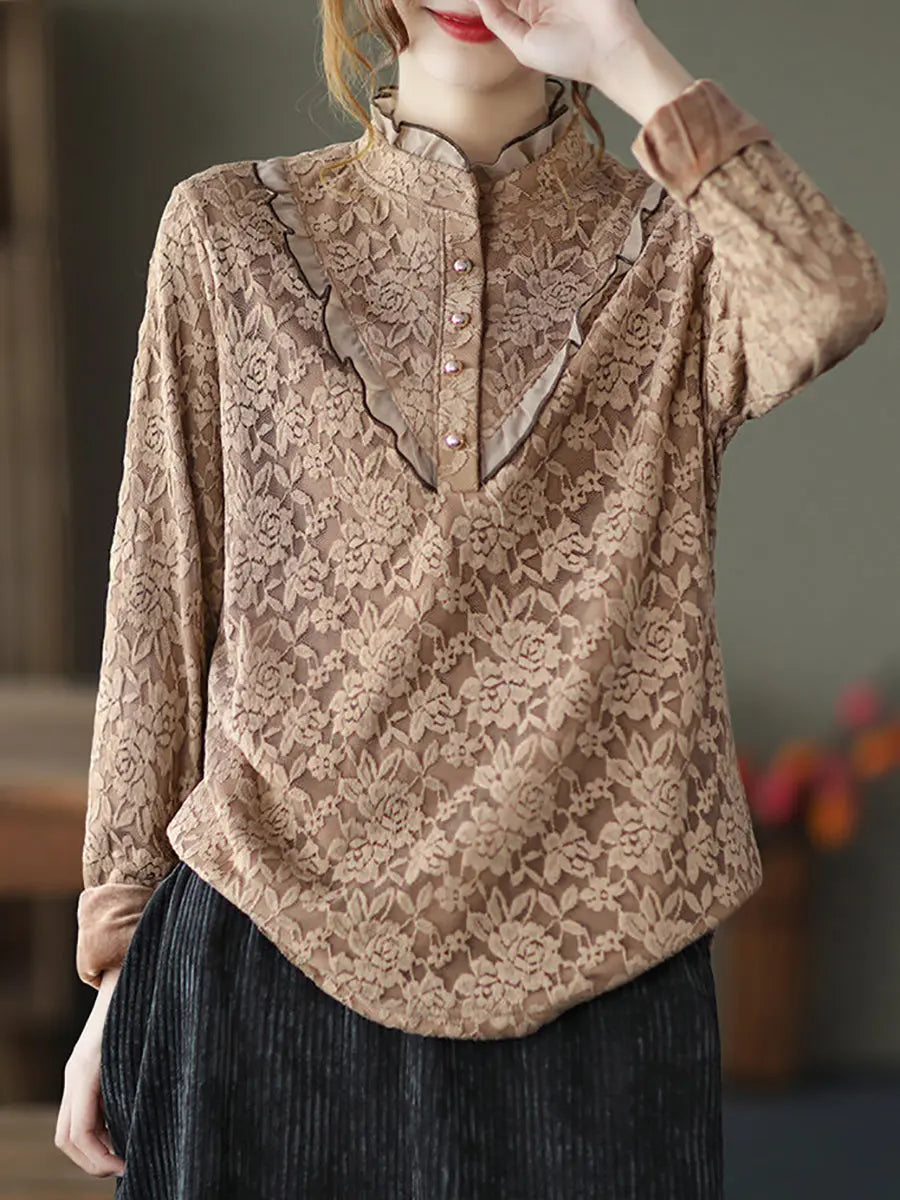 Plus Size Women Elegant Flower Lace Fleece Lined Shirt Ada Fashion