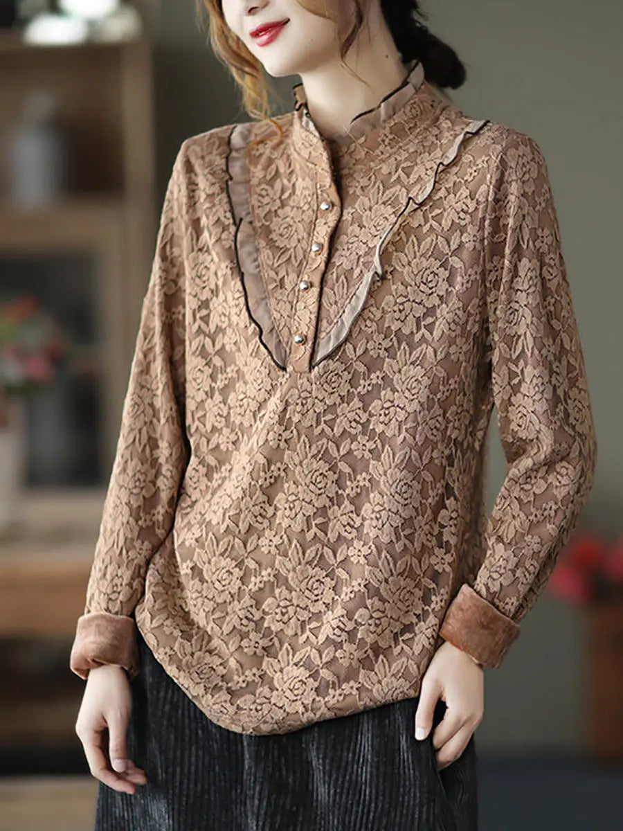 Plus Size Women Elegant Flower Lace Fleece Lined Shirt Ada Fashion