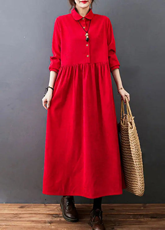 Red Drawstring Button Corduroy Holiday Long Dress Long Sleeve Ada Fashion