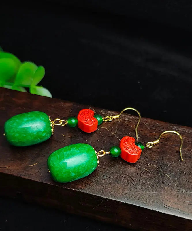 Regular Green Sterling Silver Jade Cinnabar Drop Earrings Ada Fashion