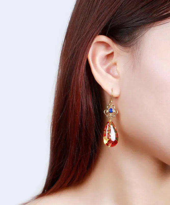 Regular Sterling Silver Overgild Inlaid Gem Stone Amber Drop Earrings Ada Fashion