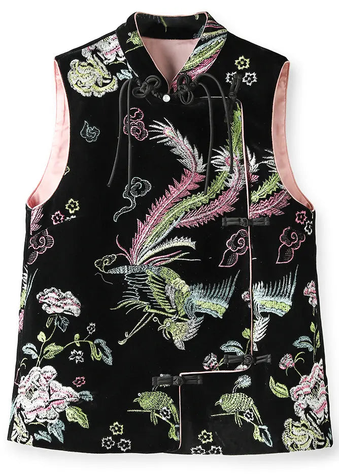 Retro Black Chinese Button Embroidered Silk Velour Waistcoat Sleeveless Ada Fashion