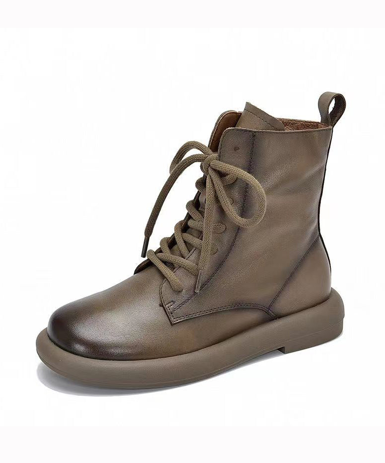 Retro Cross Strap Khaki Cowhide Leather Shoes