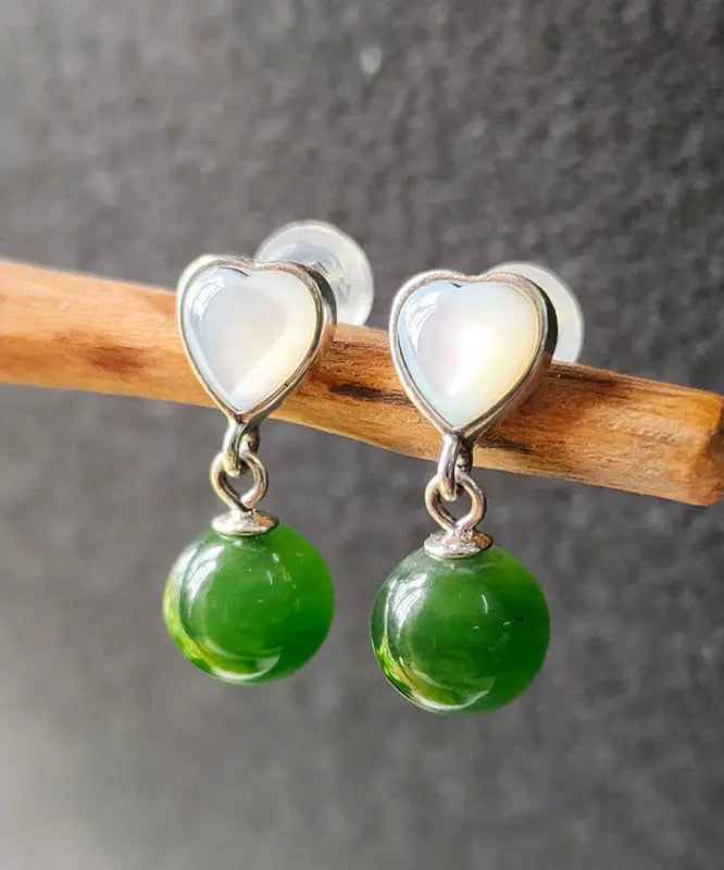 Retro Green Sterling Silver Inlaid Love Shell JadeDrop Earrings Ada Fashion