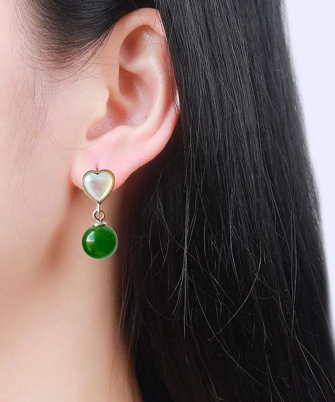 Retro Green Sterling Silver Inlaid Love Shell JadeDrop Earrings Ada Fashion