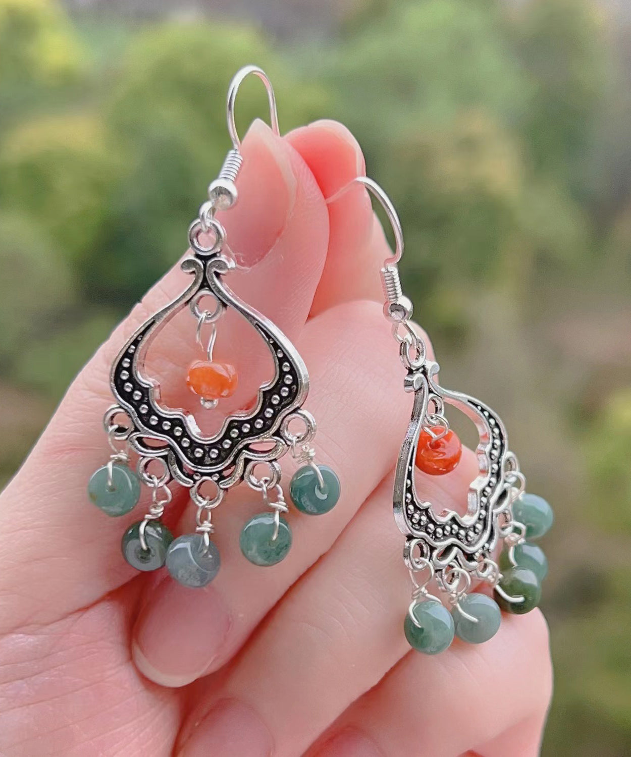 Retro Jade Tassel Hollow Out Silver Drop Earrings LY9177 Ada Fashion