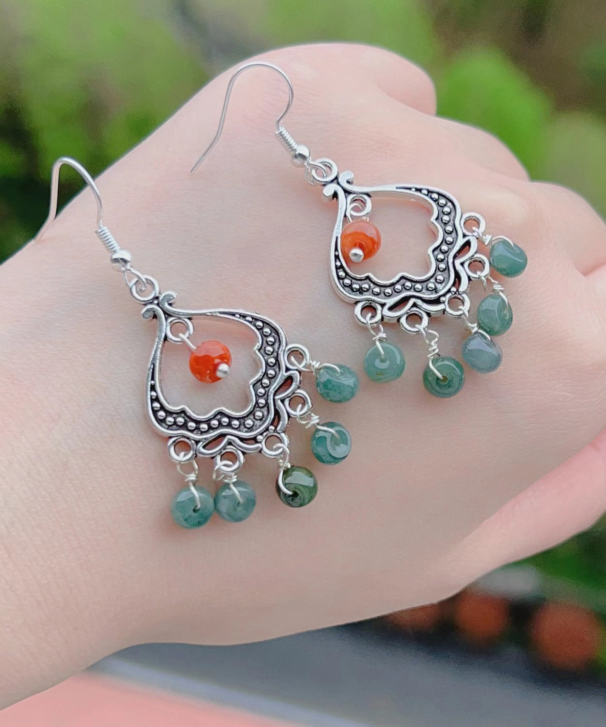 Retro Jade Tassel Hollow Out Silver Drop Earrings LY9177 Ada Fashion