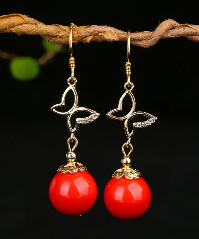 Retro Red Cinnabar Sterling Silver Overgild Zircon Drop Earrings Ada Fashion