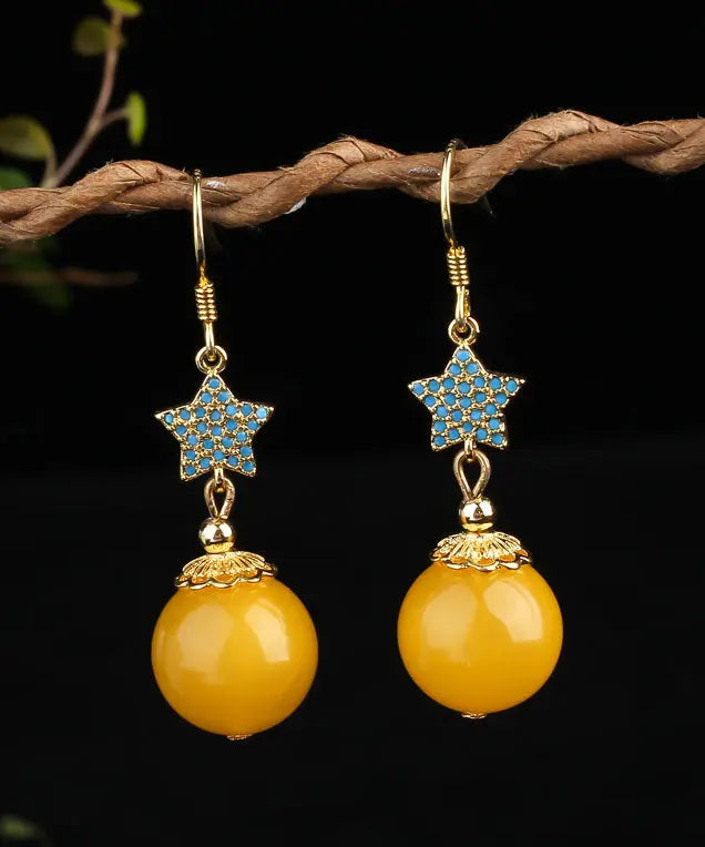 Retro Yellow Sterling Silver Amber Beeswax Star Drop Earrings Ada Fashion