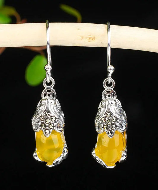 Retro Yellow Sterling Silver Inlaid Chalcedony A Mythical Wild Animal Drop Earrings Ada Fashion