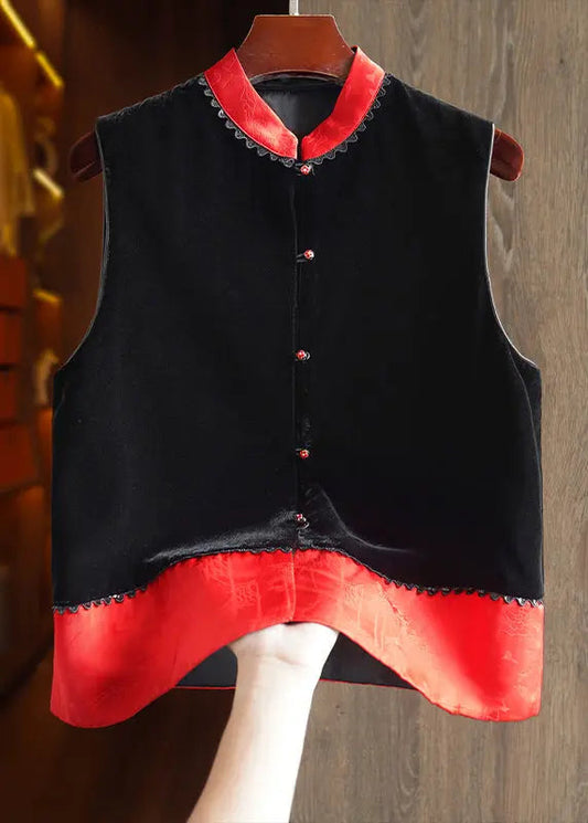 Simple Black Stand Collar Button Patchwork Silk Velour Waistcoat Fall Ada Fashion