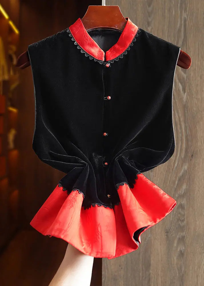 Simple Black Stand Collar Button Patchwork Silk Velour Waistcoat Fall Ada Fashion