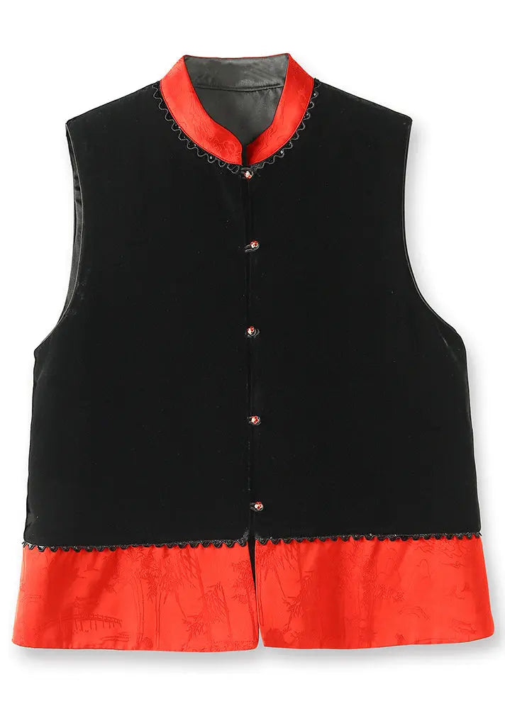 Simple Black Stand Collar Button Patchwork Silk Velour Waistcoat Fall Ada Fashion