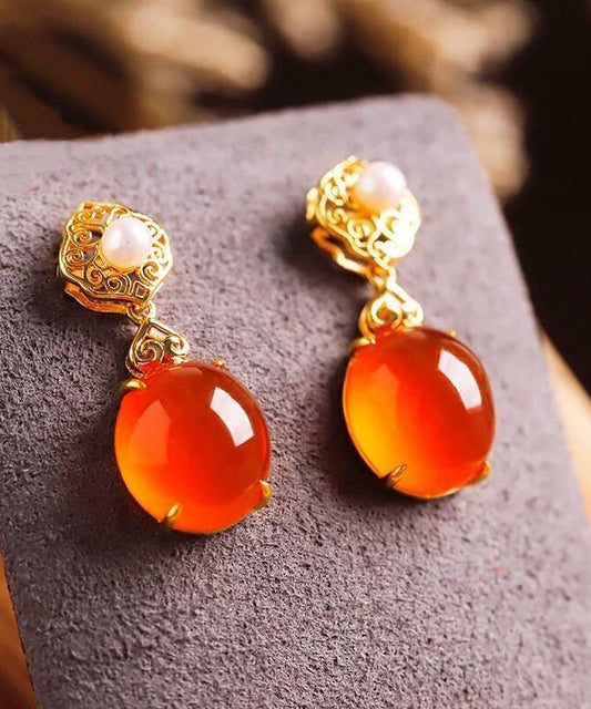 Simple Red 18K Gold Inlaid Jade Agate Drop Earrings Ada Fashion