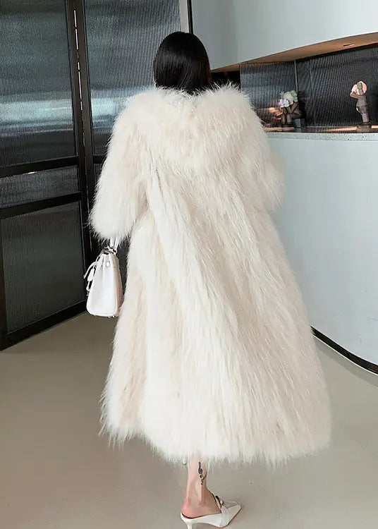 Style Beige Pockets Patchwork Hooded Fuzzy Fur Fluffy Coat Winter Ada Fashion